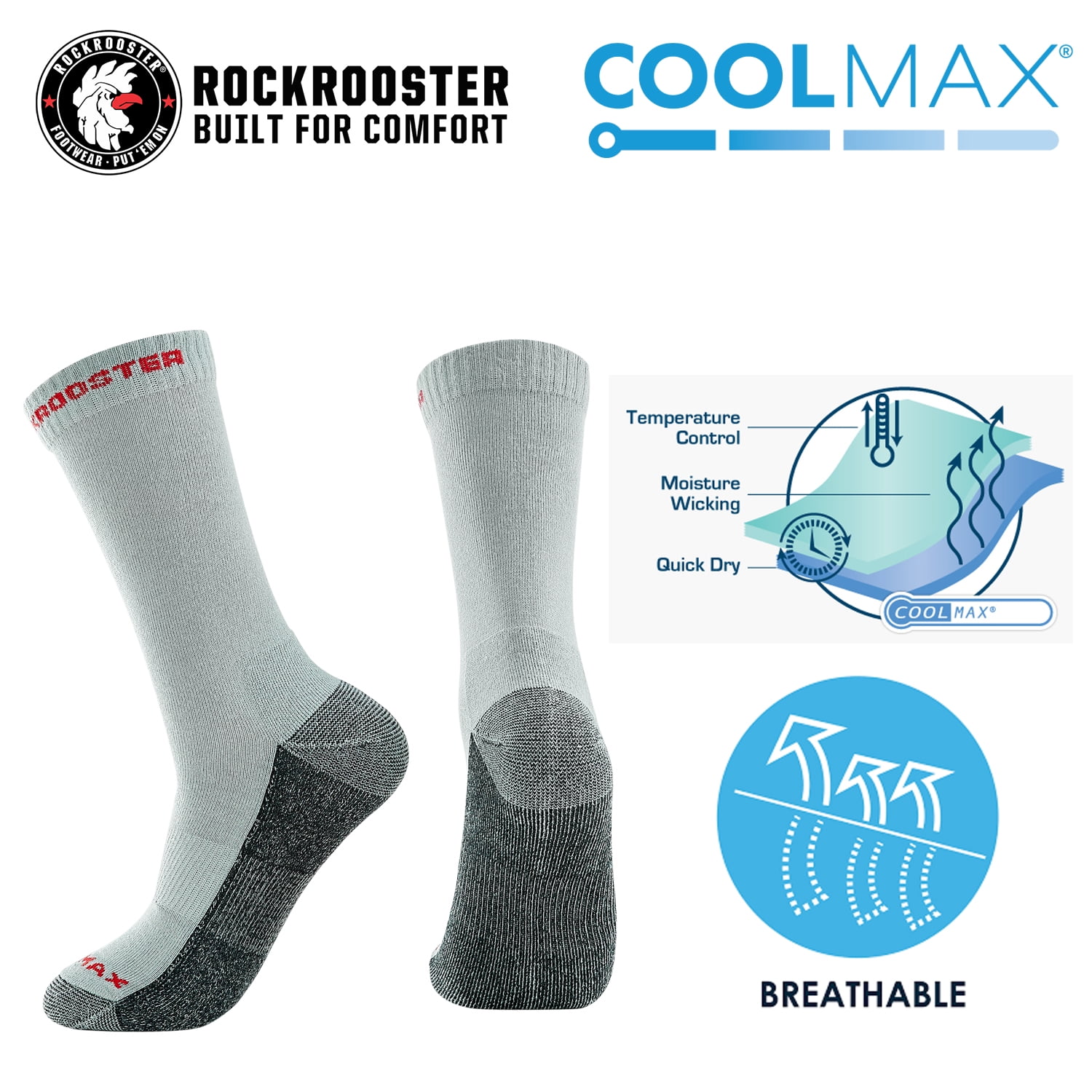 ROCKROOSTER 3 Pairs Men's All Season COOLMAX Premium Work Socks Gray R ...