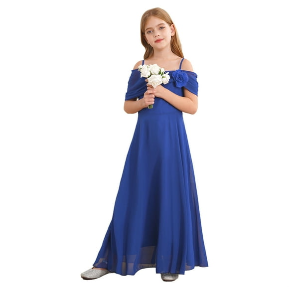 YUUMIN Girls Summer Maxi Dress Off Shoulder Chiffon Long Junior Bridesmaid Dress Flower Girl Prom Ball Gown Blue 16