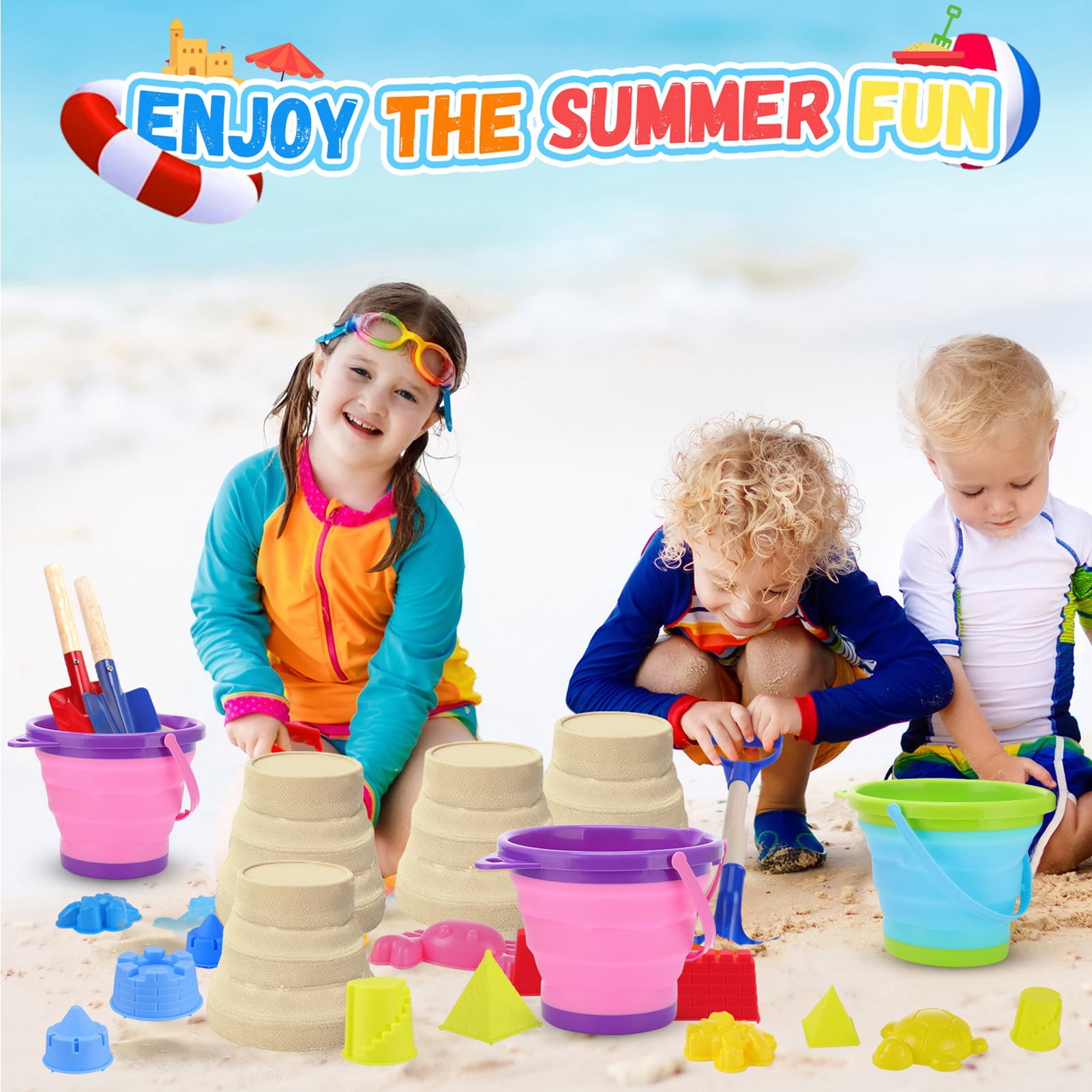 sixwipe 27 Pcs Beach Toys for Kids, Collapsible Sand Bucket and Shovels Set with Mesh Bag & Sand Molds, Sand Castle Toys for Beach, Travel Sand Toys for Beach, Sandbox Toys for Toddlers Kids Age 3-10
