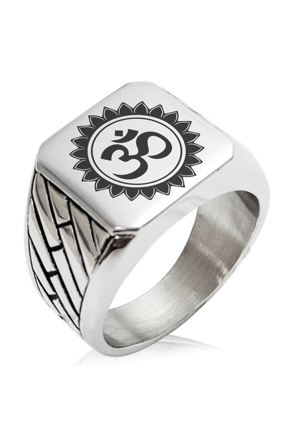 Stainless Steel Sacred Lotus Sanskrit Om Geometric Pattern Biker Style Polished Ring