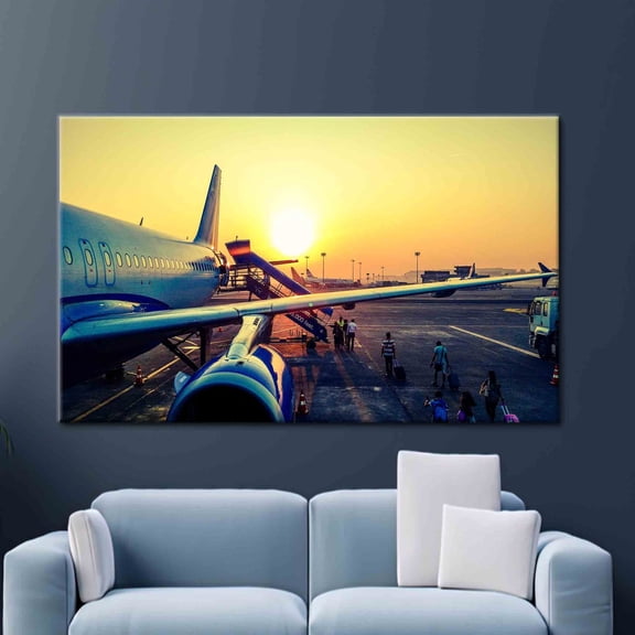 Velto Sunset Canvas Art, Sun Art, Airport Canvas, Airplane Canvas, Aircraft In Airport At Sunset View Art, Landscape Canvas, 8x10 UNFRAMED