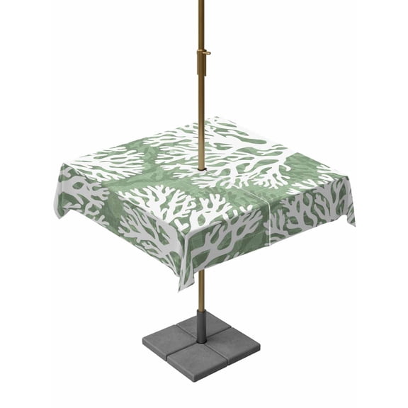 Outdoor Tablecloth with Umbrella Hole for Patio/Picnic/Party/Camping, Sage Green Coral Coastal Waterproof Table Cloth Square Cover Washable, White Summer Beach Seaside Ocean (54"x 54")