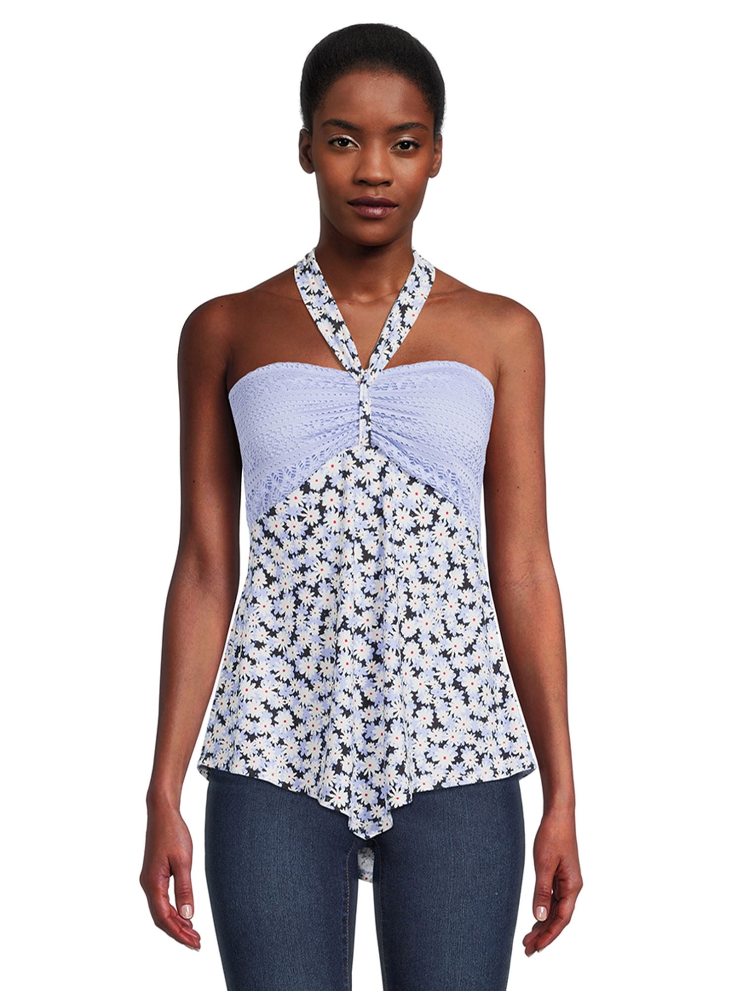 No Boundaries Juniors Crochet Trim Halter Top with Hanky Hem