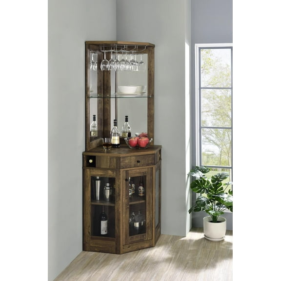 Alviso Corner Bar Cabinet with Stemware Rack Rustic Oak