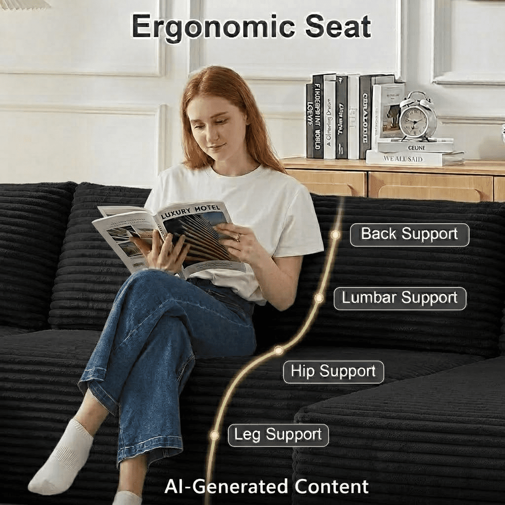 134 Inch Cloud Couch U-Shaped Modular Sectional Sofa, Deep Seat Corduroy Boneless Sofa with Cupholders & Side Storage, Modern Upholstered Couches for Living Room, No Assembly,Black