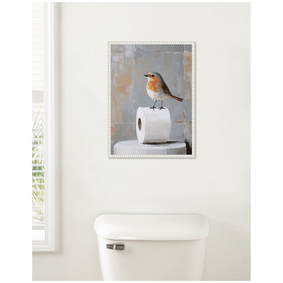 Kate and Laurel Bird Standing on Toilet Paper Roll Toilet Bathroom Art Framed Canvas Wall Art by The Creative Bunch Studio 18 x 24 Sylvie Beaded White, Modern, Animals, Bathroom Art for Wall Decor,