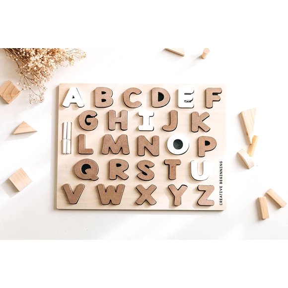 Creative Beginning Wooden Alphabet Puzzle for Kids Ages 3-5 with Tracers & Chalkboard Base, ABC Learning Blocks Printing and Letter Matching Educational Toy