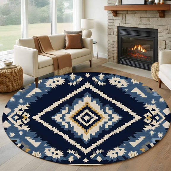 7ft Round Rug, Navy Blue Brown Boho Non-Skid Rubber Backing Large Area Rugs - Living Room Bedroom Home Office, Vintage Geometric Southwestern Indoor Floor Mat Carpets Washable Rug