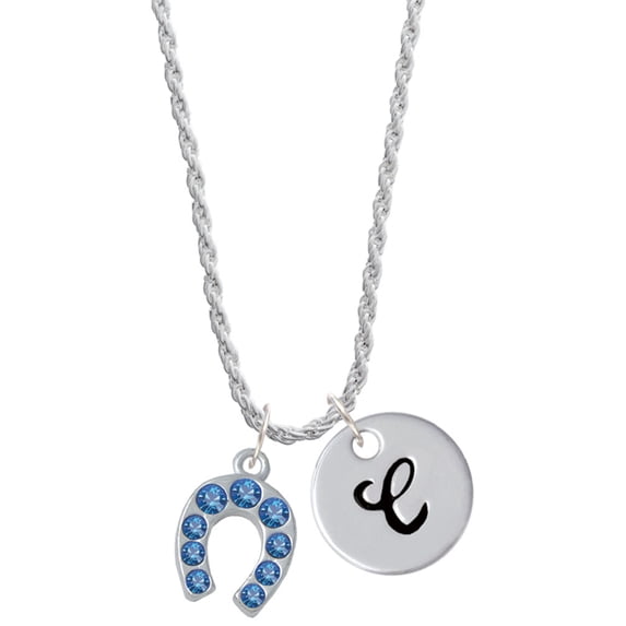 Delight Jewelry Silvertone Blue Crystal Horseshoe Silvertone Script Initial Disc - C - Charm Necklace, 20"+3"
