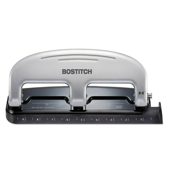 Stanley Bostitch Ez Squeeze Three-hole Punch, 20-Sheet Capacity, Black/silver
