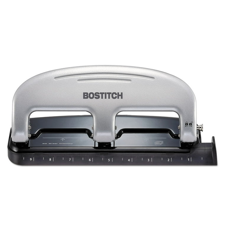 Stanley Bostitch EZ Squeeze Three-Hole Punch, 12-Sheet Capacity, Black/Silver