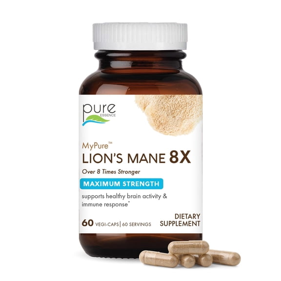 PURE ESSENCE LABS MyPure Lion's Mane 8X - Max Strength Brain Support with 100% Fruiting Body Organic Lion's Mane for Ultimate Cognitive Performance, Focus, and Mental Clarity, 60 Capsules