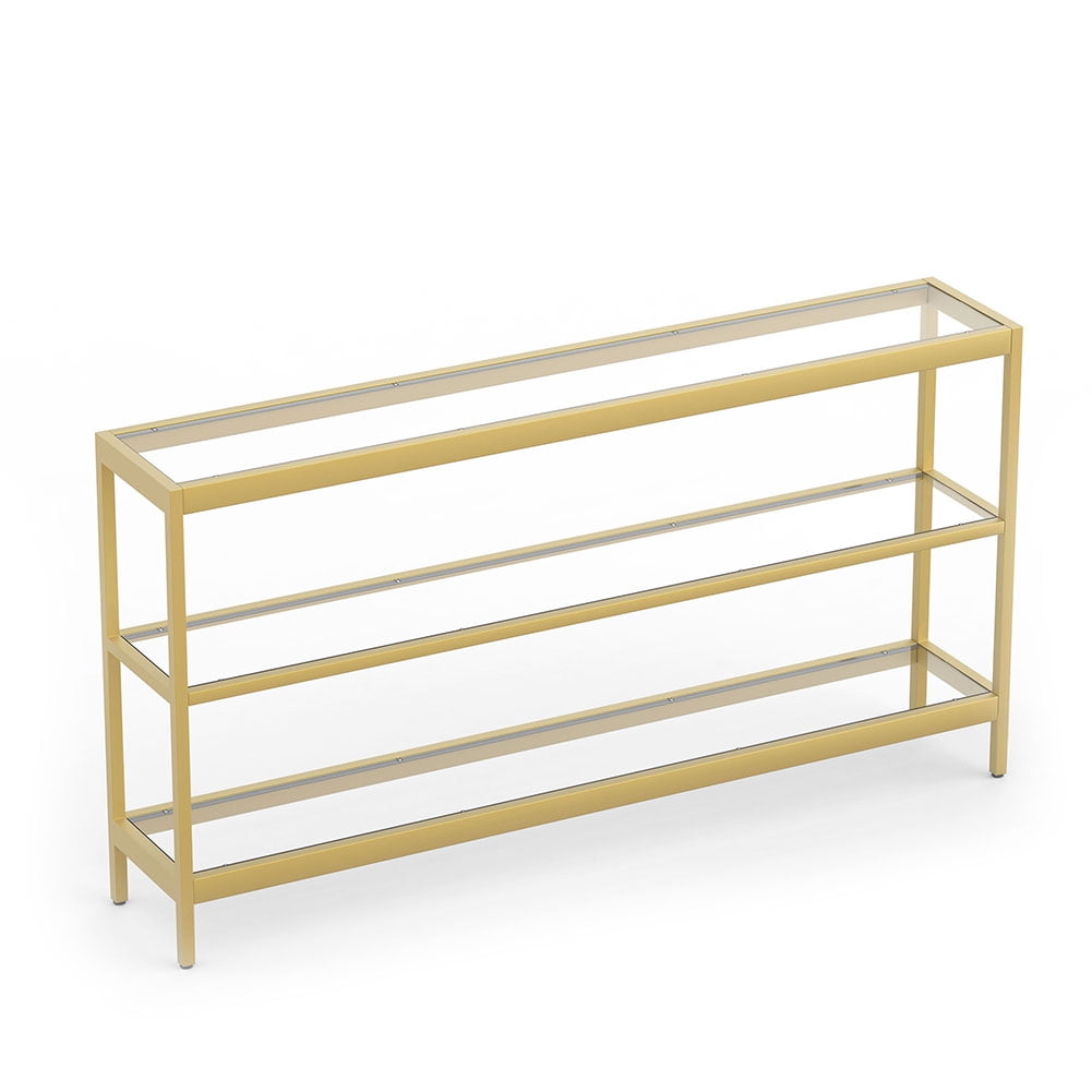 Resenkos Console Table with 3 Tiers, 35” Hallway Entryway Table with Metal Frame, Open Sofa Table with Tempered Glass for Living Room, Entrance, Yellow Resenkos Console Table with 3 Tiers, 35” Hallway Entryway Table with Metal Frame, Open Sofa Table with Tempered Glass for Living Room, Entrance, Yellow