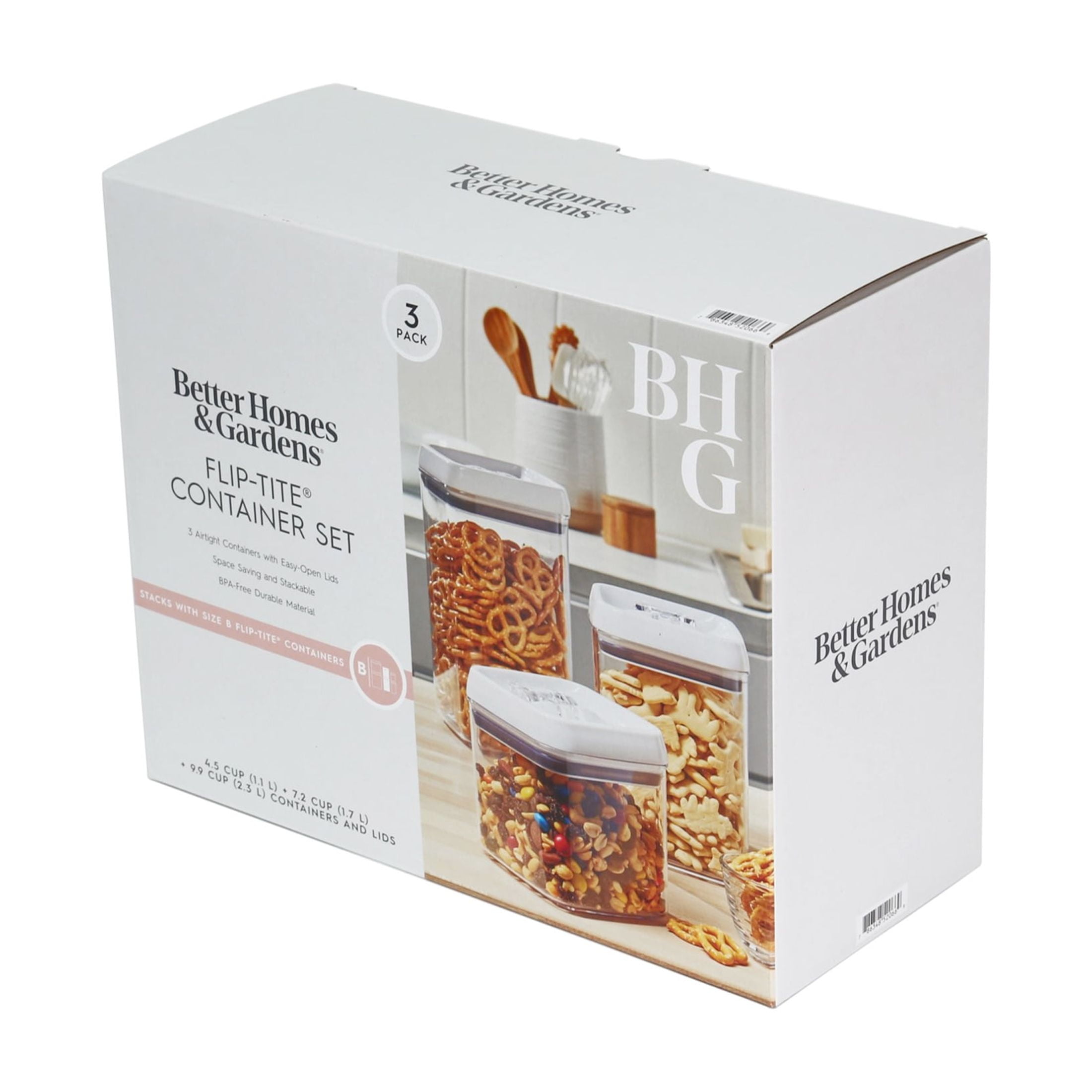 Better Homes & Gardens Canister Pack of 3, Flip-Tite® Square Food Storage Container Set, Made for Pantry Organization and Food Storage