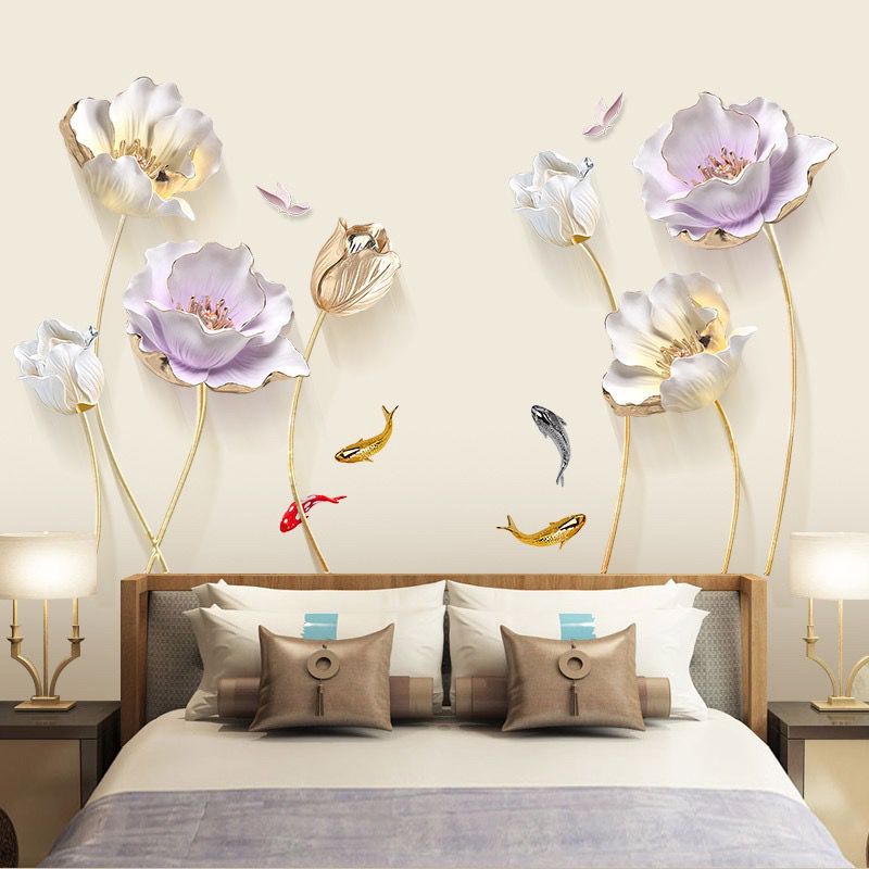 Watercolor Floral Wall Decals Large 3D Flower Wall Stickers Gold Tulip Floral Wall Art Decals for Living Room Bedroom TV Background Wall Decor