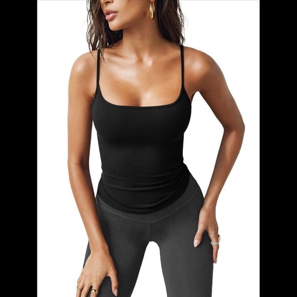 Camisetas Sin Mangas para Mujer, Corte Entallado, Tirantes Finos, Bonitas Camisetas de Entrenamiento de Verano con Cuello Cuadrado Negro M