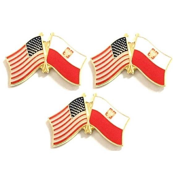 Poland Eagle & US Crossed Double Flag Lapel Pins, Pack of 3