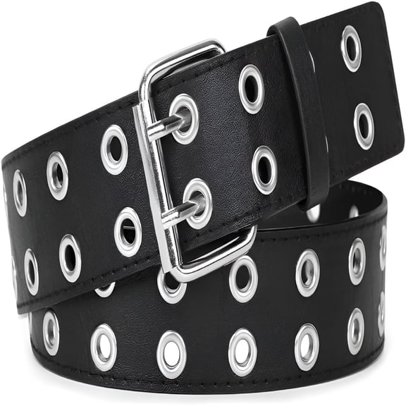 TELOLY Double Grommet Belt PU Leather Punk Belt for Women Men Jeans 2 Hole Belt 1.5 Wide