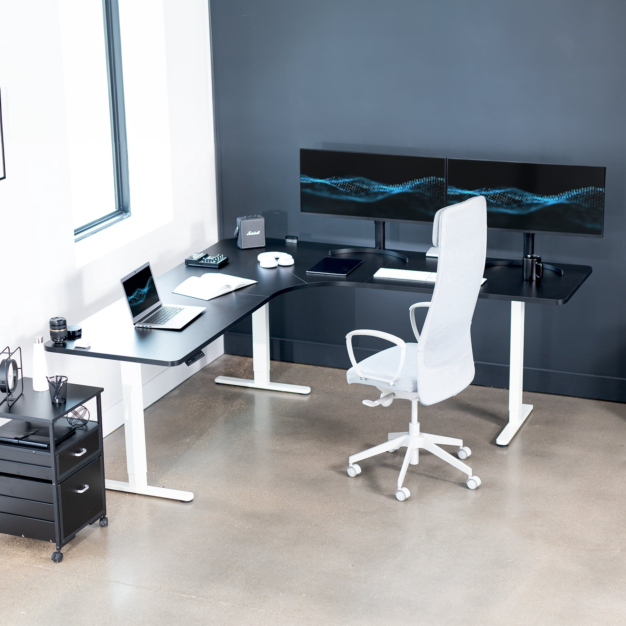 VIVO Black / White Electric 83" x 83" Curved Corner Stand Up Desk