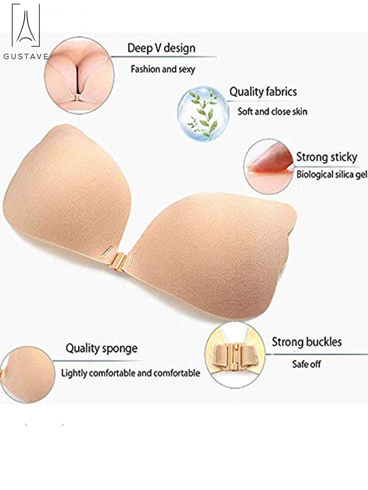 Gustavedesign Women's Strapless Backless Self Adhesive Bra Push Up Silicone  Invisible Bras with Drawstring Suit For Dress Wedding Party A Cup, Nude 