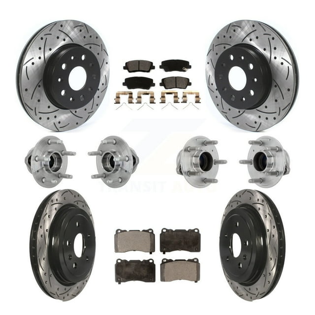 Transit Auto Front Rear Hub Bearing Assembly Coated Disc Brake Rotor and Ceramic Pads Kit (10Pc) for Car 2017-2019 Cadillac CTS RWD with 3.6L Turbocharged Without Performance Lining - KBB-132881