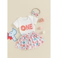 thumbnail image 3 of Suealasg 3Pcs Baby Girls 1st Birthday Clothes Short Sleeve Letter Print Romper +Donut Print Skirt + Headband 3M 6M 9M 12M 18M Toddler Girls Casual Summer Outfits, 3 of 9