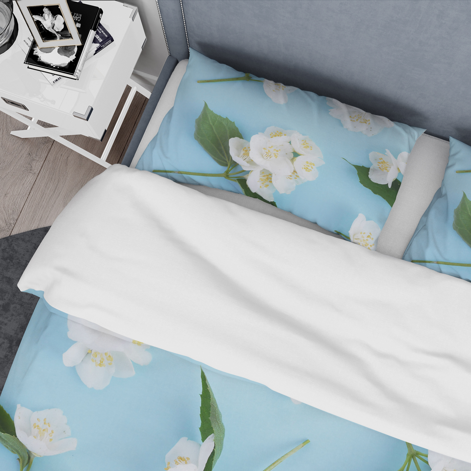Designart 'Jasmin Flowers of Bright Blue' Mid-Century Modern Duvet Cover Set