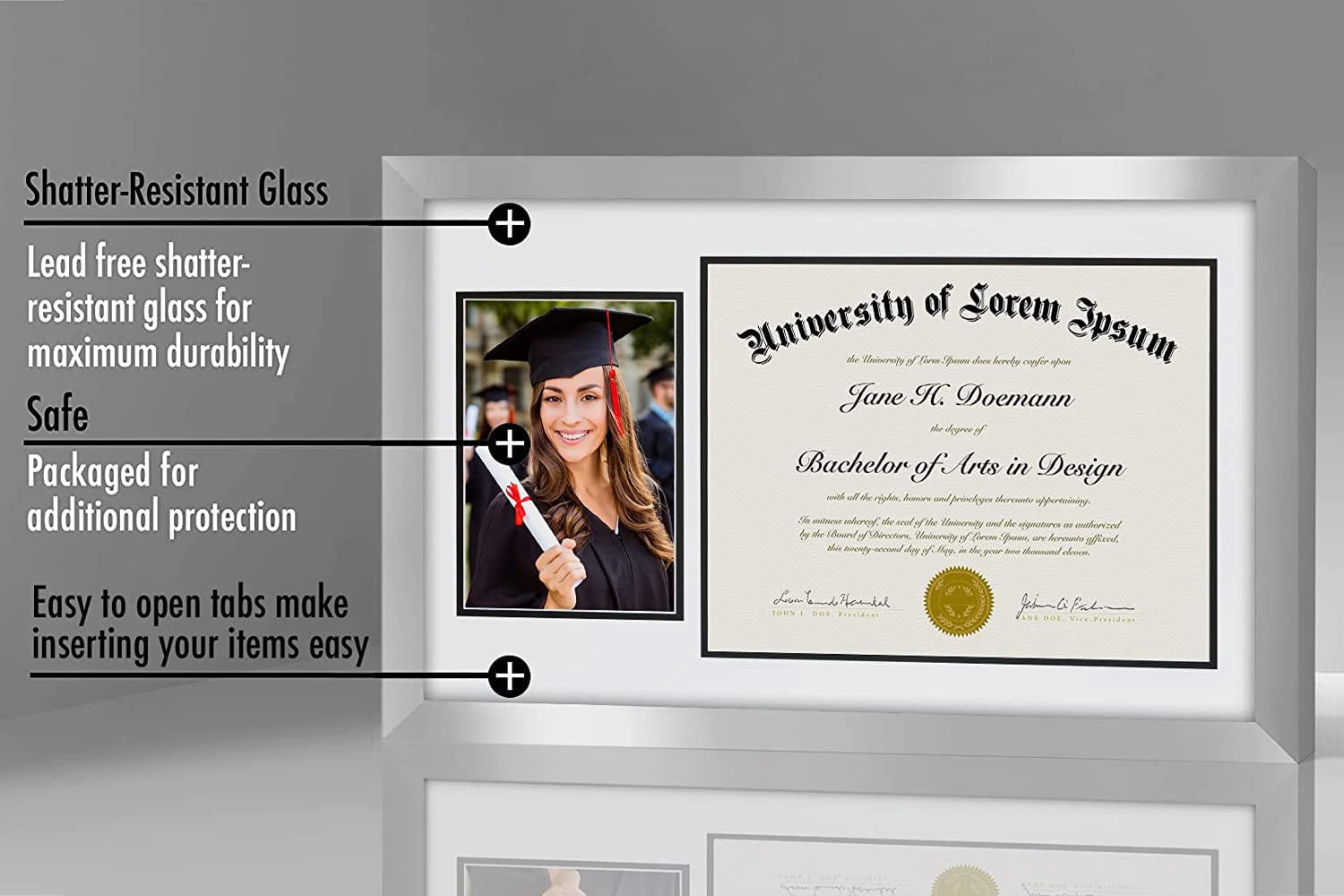 Americanflat 11x18 Graduation Frame in Silver Colored Wood with Two Opening Mat Displays - 5x7 Photo Frame and 8.5x11 Diploma Frame - Composite Wood and Polished Glass - Includes Hanging Hardware