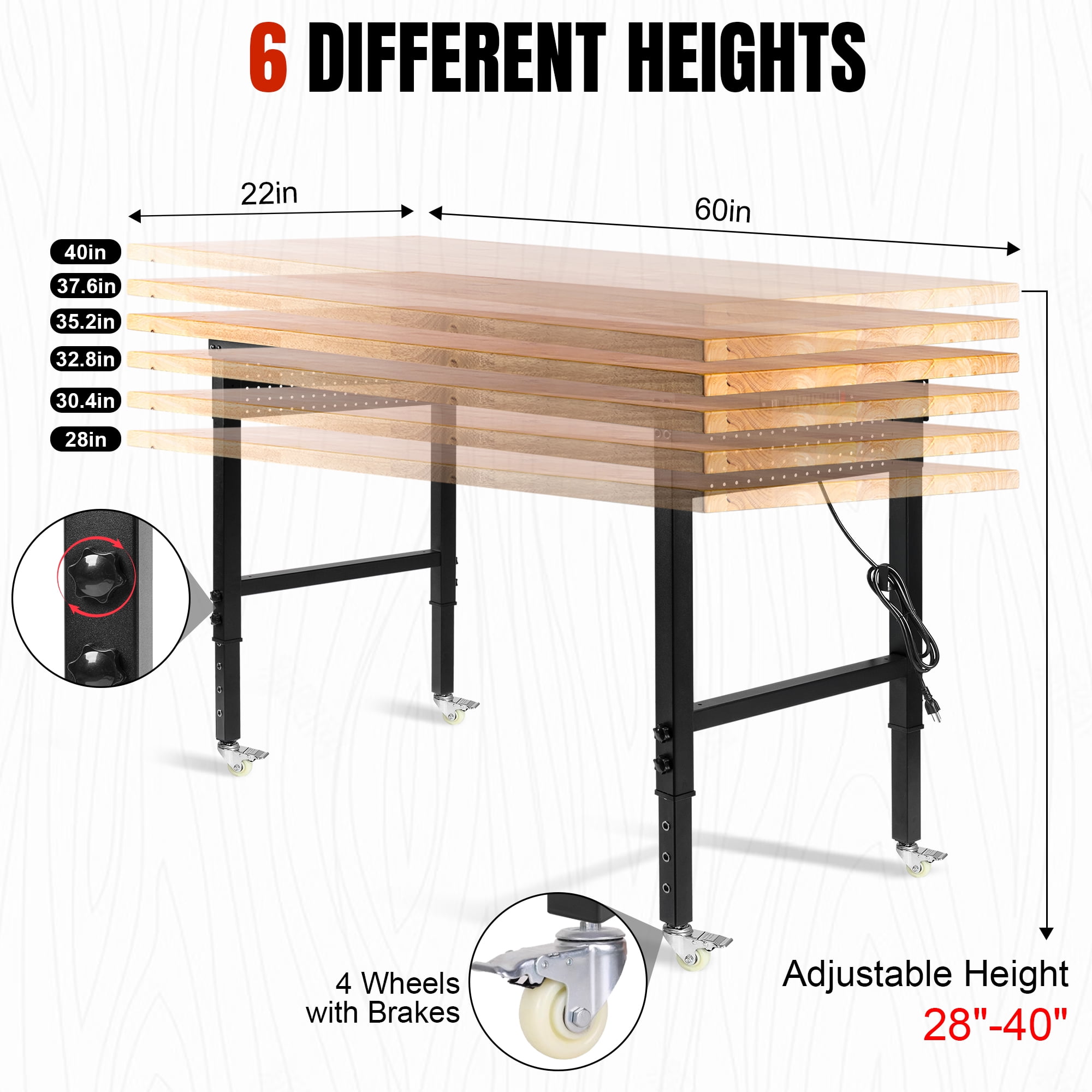 Heavy Duty Adjustable Rubber Wood Workbench – Mobile Workstation
