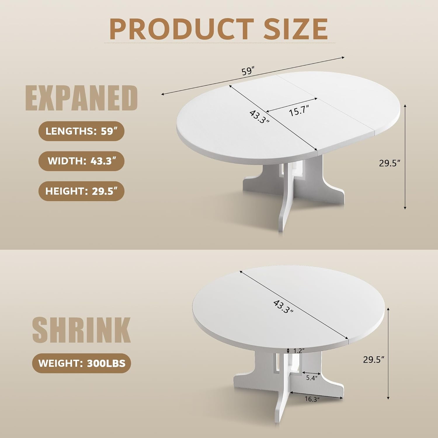 iPormis 59" Round Extendable Dining Room Table for 6, Modern Oval Kitchen Table with Heavy Duty Wood Base, Dinette for Kitchen Living Room,White