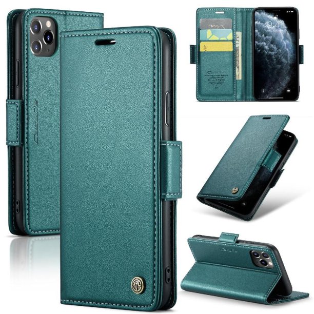 Funda tipo cartera iPhone 11 Pro Max con cierre magnético, RFID, tarjetero, soporte, carga inalámbrica