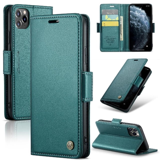 Funda tipo cartera iPhone 11 Pro Max con cierre magnético, RFID, tarjetero, soporte, carga inalámbrica