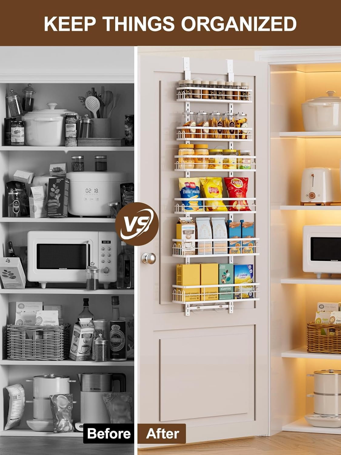 Delamu Over the Door Pantry Organizer, 6 Tier Pantry Door Organizer with Adjustable Basket, Door Spice Rack Seasoning Organizer, Metal Hanging Pantry Organizers and Storage for Kitchen,15.3" White