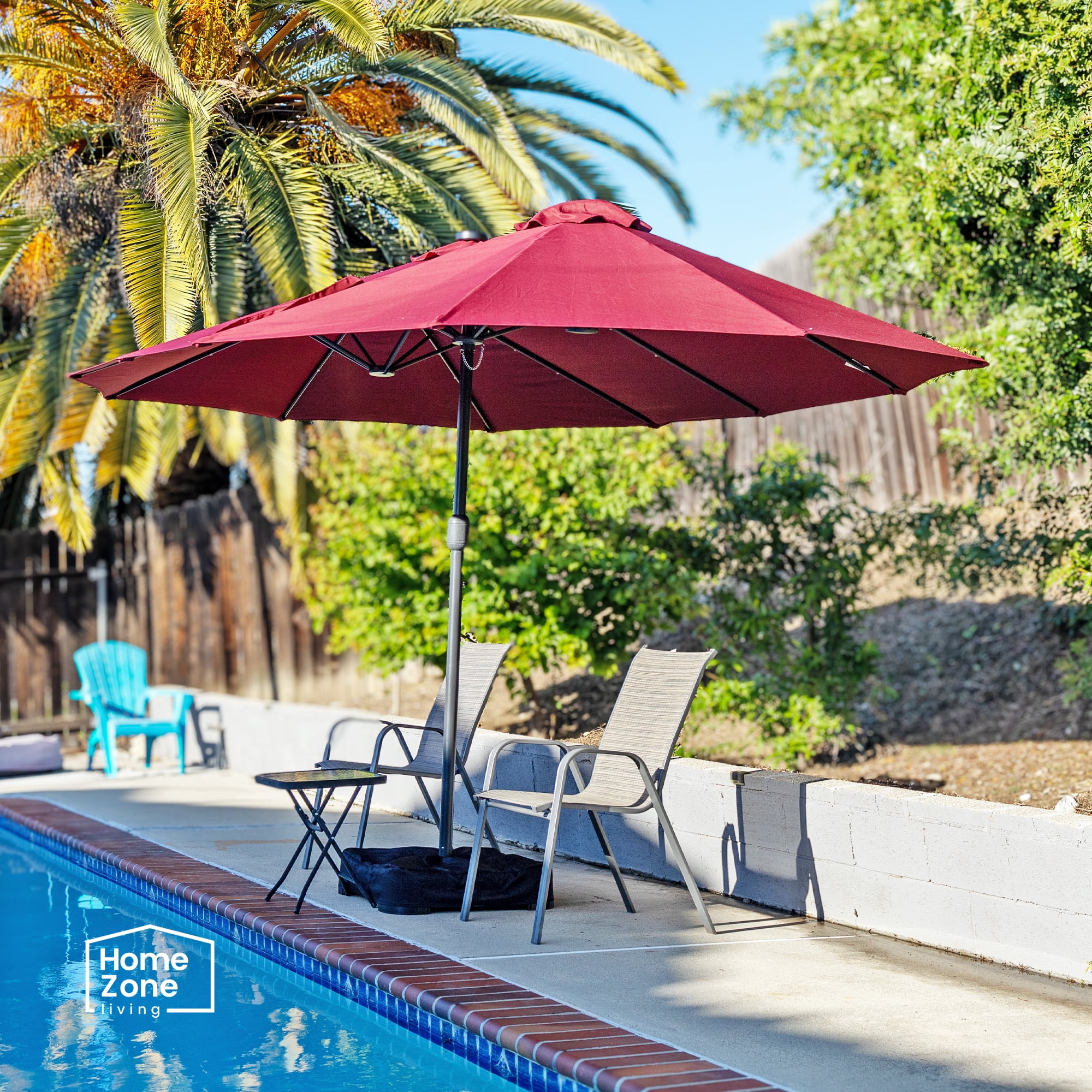Home Zone Living 15x9 Ft Double Head Patio Umbrella with Base, 36 LED Lights, Sand Bags, UV resistant & Waterproof, 213 LBS Total Weight, Burgundy Red