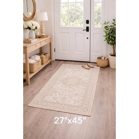 181 Degrees - Vintage Beige Runner Rug - Traditional Pattern Farmhouse Entryway Accent Carpet -27x45