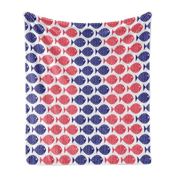 Fish Soft Flannel Fleece Throw Blanket, Nautical Theme Design Illustration of Fish on White Background Artwork Print, Cozy Plush for Indoor and Outdoor Use, 50" x 60", Red and Navy Blue, by Ambesonne