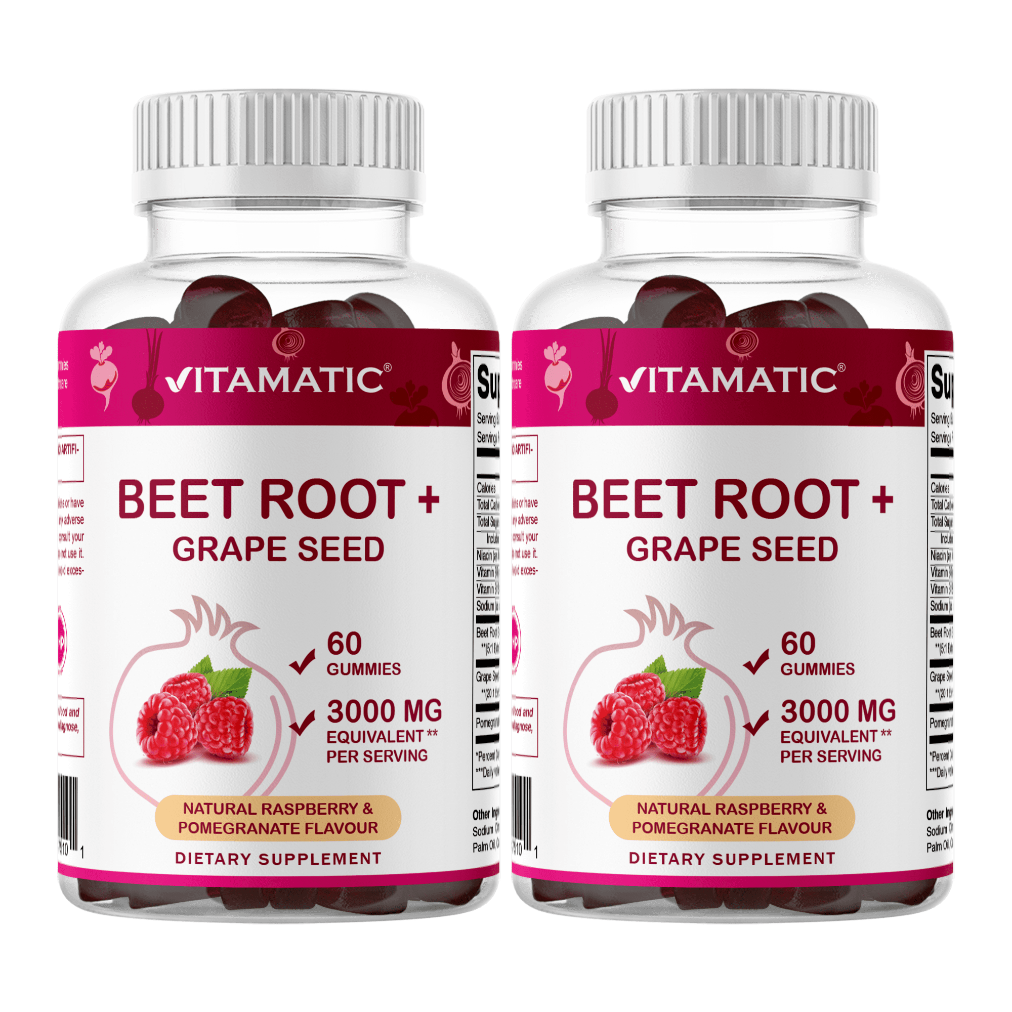 Vitamatic 2 Packs Beet Root Gummies - 3000 mg Equivalent Per Serving - 60 Gummies - Made with Vitamin B6, B12, Grape Seed, Pomegranate & Nicotinamide (Total 120 Gummies)