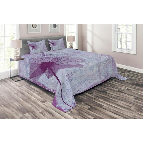 Ambesonne Floral Quilted Coverlet 3 Pcs, Flower Romance, King Size, Lilac