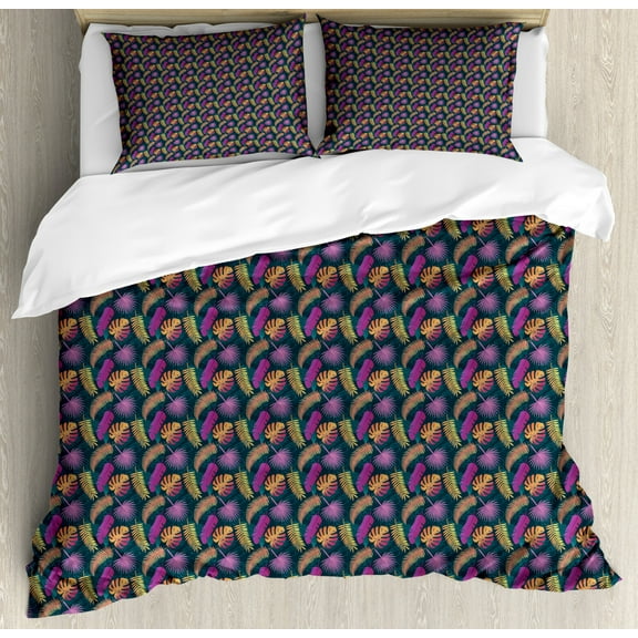 Tropical King Size Duvet Cover Set, Graphic Exotic Flora Pattern of Jungle Foliage Leaves Silhouette, Decorative 3 Piece Bedding Set with 2 Pillow Shams, Orange Purple and Dark Teal, by Ambesonne