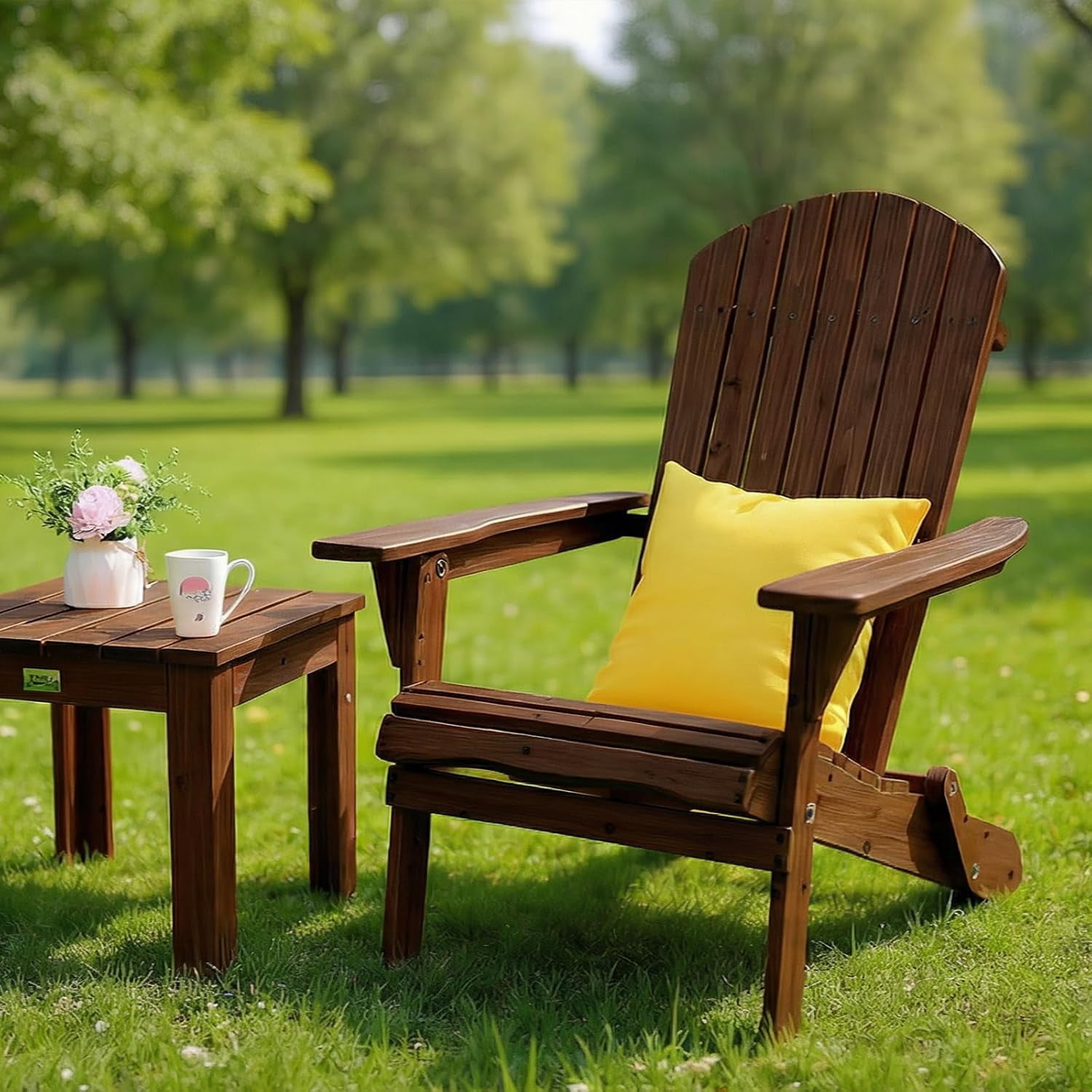 PEXMOR Folding Adirondack Chair, Wood Accent Fire Pit Chair, Outdoor Patio Lounge