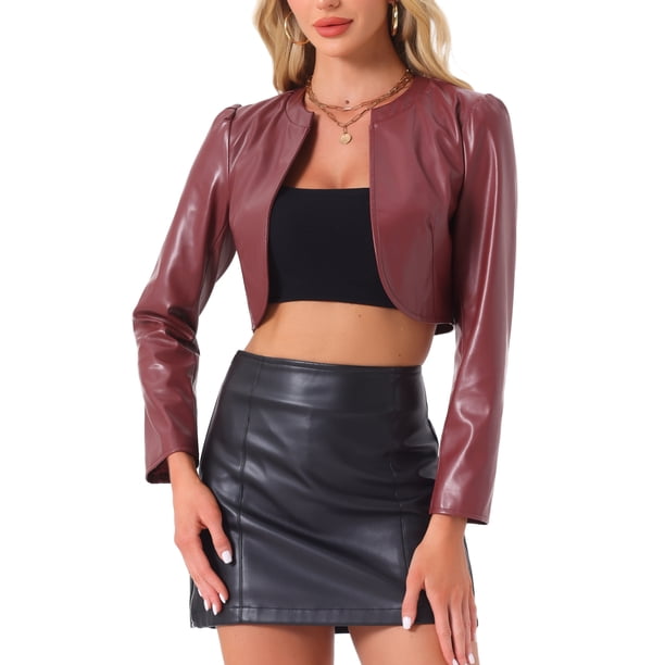 Chaquetas cortas de cuero PU Inspire Chic para mujer, chaqueta de manga larga de frente abierto, color rojo vino