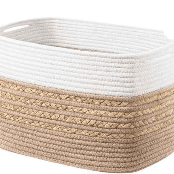 1 Pack Baskets for Organizing, Woven Storage Baskets for Toys and Towel, Rectangle Cotton Rope Basket with Handles, 14''L x 8''W x9''H, Brown