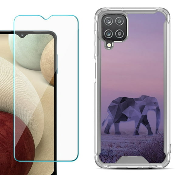 Shockproof Bumper Phone Case for Samsung Galaxy A12, with Tempered Glass Screen Protector, by OneToughShield ® - Twilight Elephant