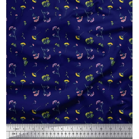 Soimoi Blue Poly Georgette Fabric Leaves & Floral Watercolor Decor Fabric Printed BTY 42 Inch Wide