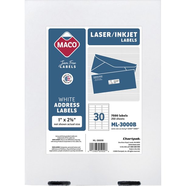 Maco White Laser Ink Jet Address Label 1 X 2 5 8 Length Permanent