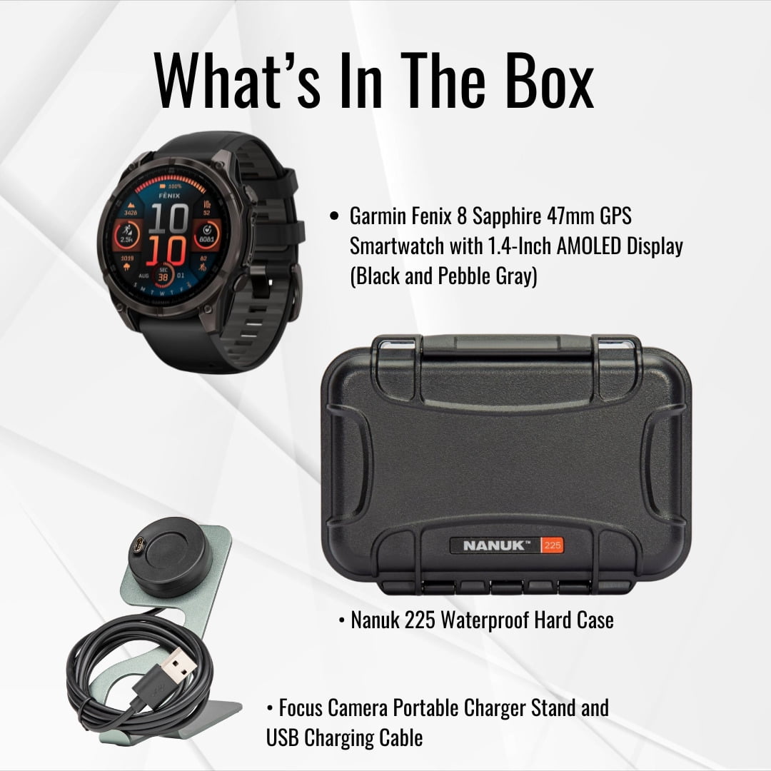 Garmin Fenix 8 AMOLED Sapphire 47mm GPS Smartwatch (Black and Pebble Gray) Bundle with Waterproof Hard Case and Charger Stand (3 Items)