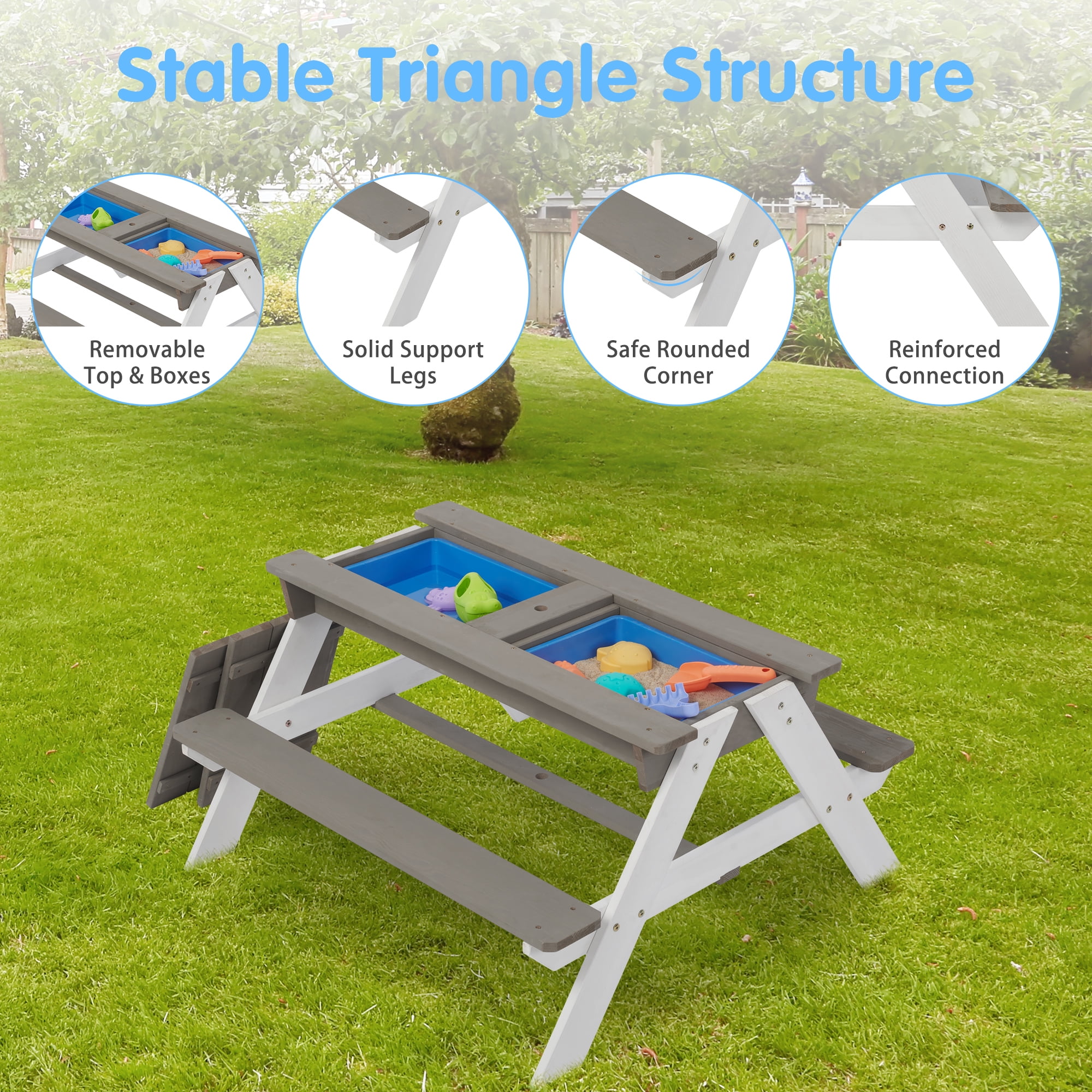3-in-1 Kids Outdoor Wooden Picnic Table with Umbrella – Convertible Sand & Water Play Table, Gray, Natural Cedar, ASTM & CPSIA Certified, Ages 3-8