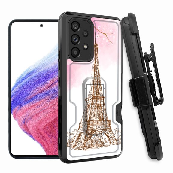 ANJ  Rugged Shockproof Hoster Case w/Card Slot, Kickstand   Tempered Glass Cover for Samsung Galaxy A33 5G - Eiffel Tower Sketches