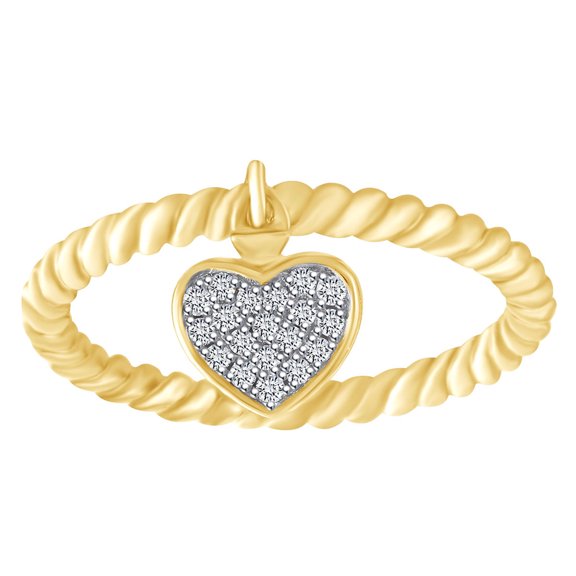 AFFY 0.10 Cttw Round Shape White Natural Diamond Dangling Heart Ring In 10k Solid Yellow Gold Ring Size-5