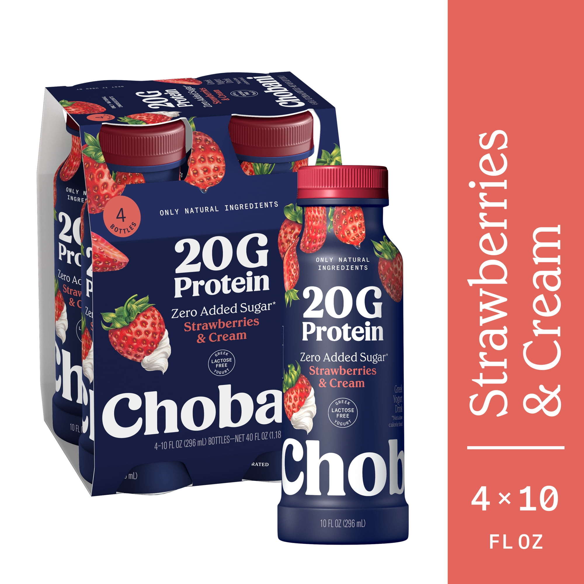 Chobani 20G Protein Low-Fat Greek Yogurt Drink, Strawberries and Cream 10 fl oz Bottle, 4 Pack